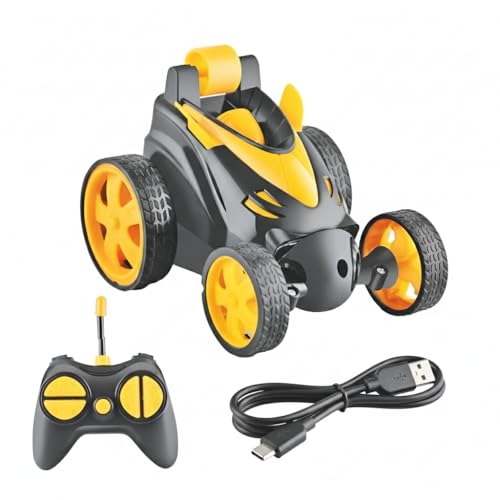 Image of abyz 360 Rotating RC Stunt Car - LED Lights, Sound, Off-Road Remote Control Vehicle for Kids and Adults (Yellow)