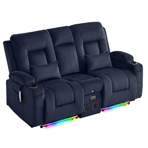 Houjud Power Reclining Loveseat Recliner Sofa with Console, Wall-Hugger RV Couch with USB Ports, Cup Holders, Bluetooth Speakers & Ambient Lighting for Home Theater or Camper, Velvet, Blue