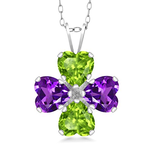 Gem Stone King 925 Sterling Silver Green Peridot and Purple Amethyst Pendant Necklace For Women (2.96 Ct Heart Shape with 18 Inch Silver Chain)