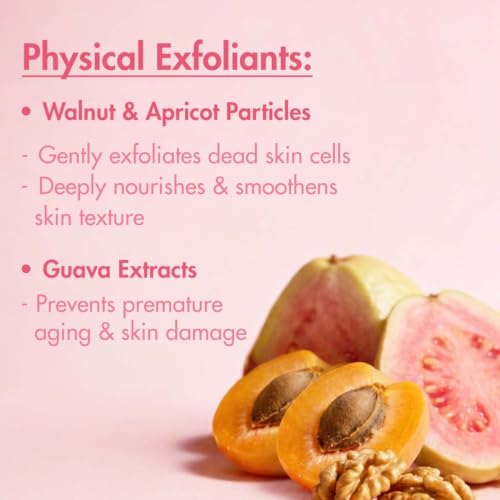 Image of mCaffeine Dual Action Guava De-Tan Body Scrub with 5% Natural & Chemical Exfoliants | Glycolic, Lactic & Salicylic Acid | Reduces Tan & Brightens Skin | Fruity, Guava Fragrance - 175g
