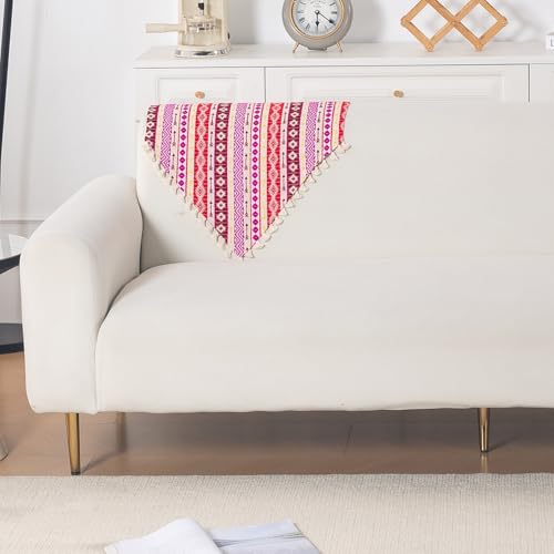 Image of HOKIPO Sofa Backrest Cover with Tassel | 300 GSM Thick Cotton Acrylic Jacquard Fabric Backrest Mat, Size 55x70 cm,'Trivana Series' Hot Pink (IN-932-J3)