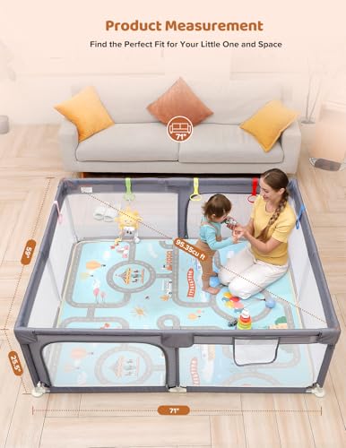 Image of Dripex Baby Playpen with Mat, 71 inchx59 inch Large Play Pen for Babies, Grey | Included Waterproof Mat /Portable Bag /Pull up Rings, Breathable Visible Mesh, Easy Setup, Indoor /Outdoor Use