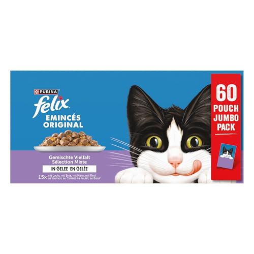 FELIX | Emincés | en Gelée | Chat Adulte | Recette 100% Complète et Equilibrée, Source d'Oméga 6 et de Vitamines| Sélection au Bœuf, Poulet, Canard,...