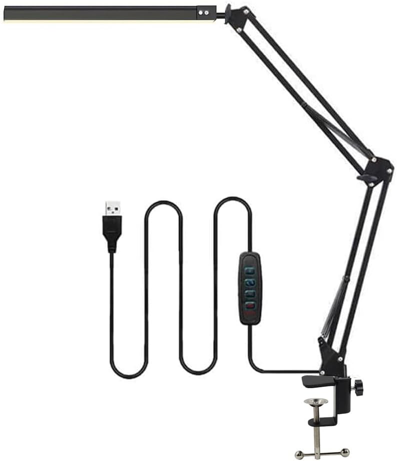 Long-Arm Clamp LED Desk Lamp with 3-Step Dimming for Reading, Study & Work (Black  Metal Clamp)
