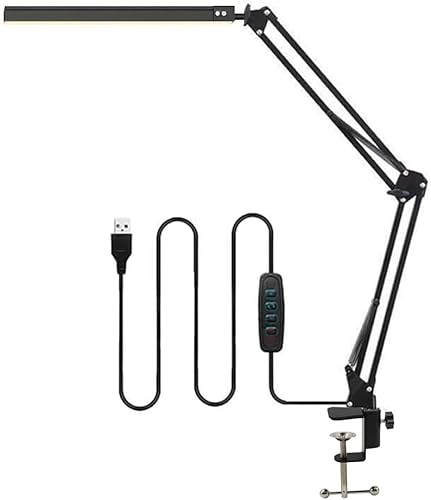 Long-Arm Clamp LED Desk Lamp with 3-Step Dimming for Reading, Study & Work (Black  Metal Clamp)