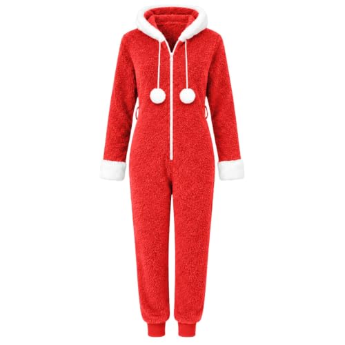 XINGJIAARTS Womens Flannel Pajamas Christmas Fuzzy Warm Hooded Pajamas Jumpsuit Zip Up Sleepwear Fleece Winter Cosplay Suit Red Small - image 5
