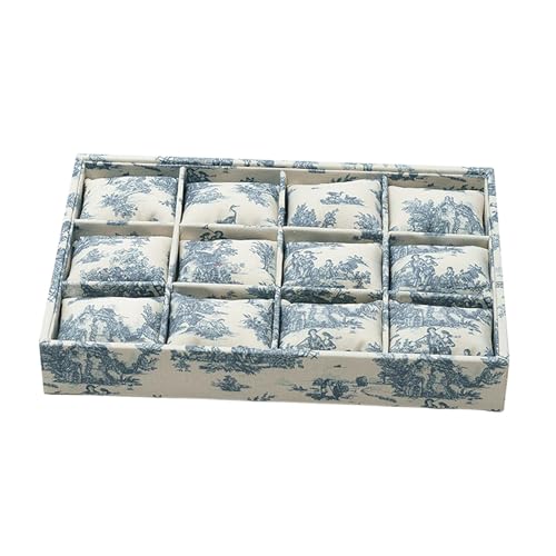 Generic ジュエリー収納ケース ウォッチトレイ ディスプレイホルダー付き ボックスオーガナイザー 12グリッド調節可能 枕収納ショーケース リネン MDF 家庭用引き出しデスクに最適 S, 青