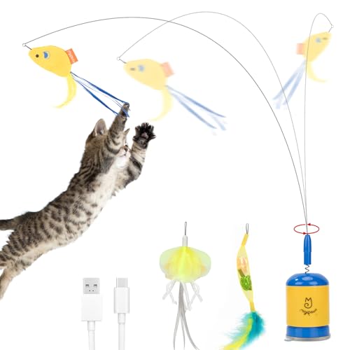 Image of Migipaws Interactive Automatic Cat Teaser Wand Toy with Strong Suction Cup, 70cm Flexible Wire & DIY Bending Design, Rechargeable Cat Exercise Toy with Auto Timer for Indoor Cats (Blue)