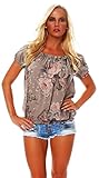 ZARMEXX Damen Bluse Oberteil Shirt Blumenmuster Carmenbluse Kurzarmshirt Viskose *BIG ROSE*, One Size Gr.36-40, Cappuccino