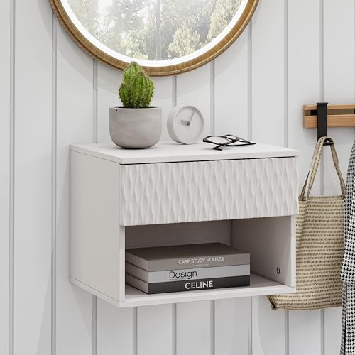 RiouPsithuric Mueble Flotante Moderno Juego de 2 mesitas de Noche de Pared, Color Blanco Antiguo, con cajón y Estante Abierto, guías de 3 etapas, Superficie Tallada, herrajes antivibración, BRIC