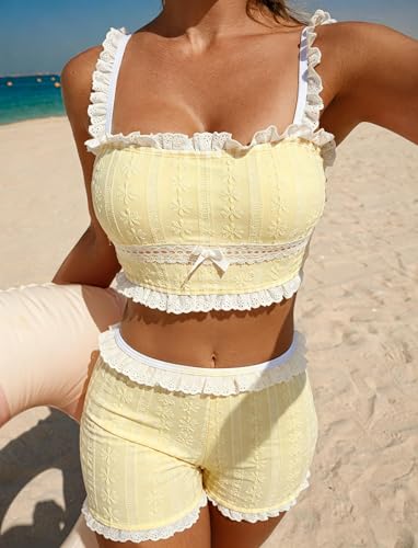 Image of ZAFUL Womens High Waisted Bikini Sets 2 Piece Plaid Ruffle Swimsuits Back Strap Top with High Waisted Shorts Bathing Suit