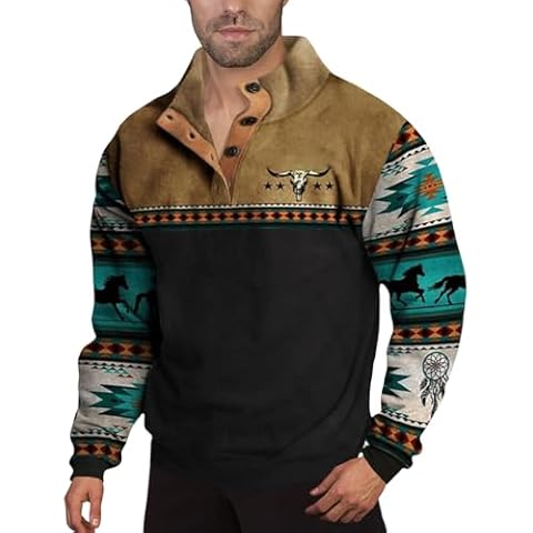 Bengbobar Men's Aztec Western Fleece 1/4 Button Pullover Jackets Black Cowboy Warm Hoodie Coats Ethnic Vintage Shirt Bull Horse Stand Collar Casual Long Sleeve Tops Large Cover