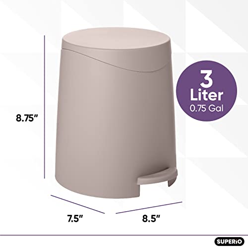 Image of Superio Mini Bathroom Trash Can with Lid 3 Liter, Plastic Waste Bin 0.75 Gallon, Modern Flat Lid Step On Trash Can with Foot Pedal, for Bathroom, Bedroom, Office, Under Desk, Soft Close (2, Taupe)