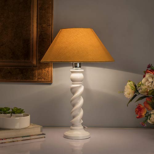 Image of Homesake Handcrafted Wooden Table Lamp for Bedroom & Living Room|Decorative Bedside Reading Lamp, E27 Holder|Bulb Included |Twister White Wooden Rustic for Home Decor, Golden Cone Shade