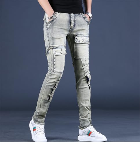 Men's Biker Moto Denim Pants Washed Scratched Slim Fit Jeans Denim Multi Pocket Pants4