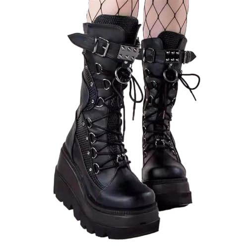 Women's Goth Punk Platform Boots Chunky Heel Work Combat Boots Fashion Lace-Up Round Toe Mid Calf Motorcycle Boot4