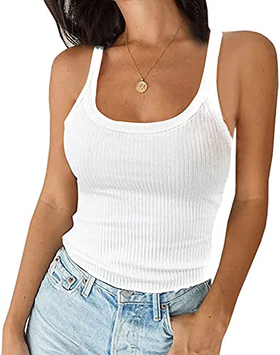 Artfish Women's Sleeveless Full Tank Top Form Fitting Scoop Neck Ribbed Knit Basic Tight Fitted Cami White S #TOP1