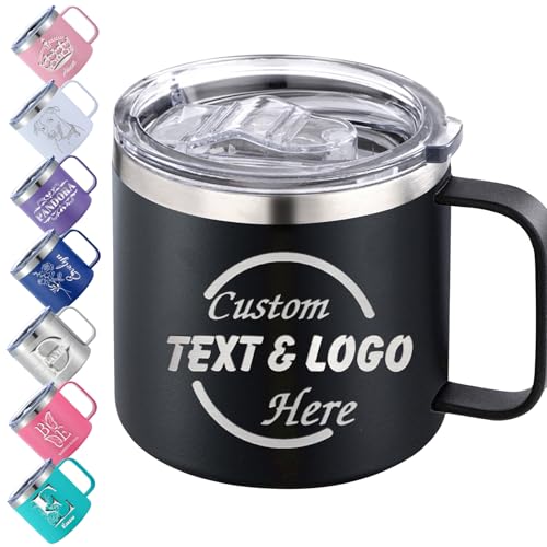 Custom Insulated Coffee Mug with Name Logo Text,Personalized Stainless Steel Mug with Lid Handle,Engraved Coffee Tumbler Customized for Men Women Gifts 12oz 14oz