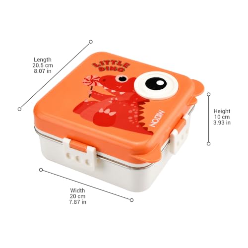 Image of MILTON Dino Pop Bento Stainless Steel Lunch Box, 3 Compartments, 4-Side Lock, with Tray, Spoon, Fork & Container for School, Office, Travel, BPA Free, 1120 ml + 70 ml, Peach