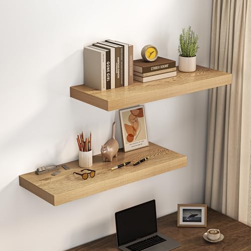 Image of Dreamland 36 inch Floating Shelves for Wall, 12 inch Deep Thicker Oak Floating Shelves, Wall-Mounted Shelves for Bedroom, Living Room, Kitchen, Bathroom - Set of 2
