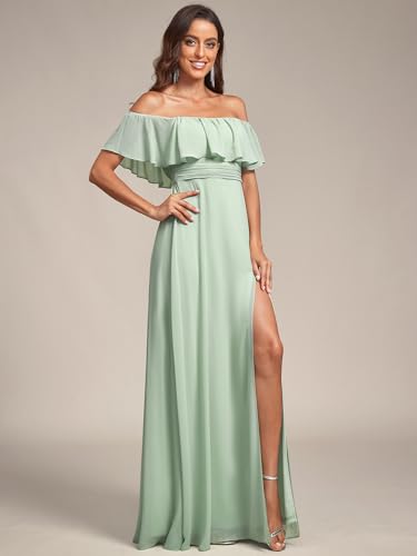 Image of Ever-Pretty Women's Summer Off The Shoulder Flowy Chiffon Formal Wedding Guest Dresses Maxi Side Split Beach Bridesmaid Dress