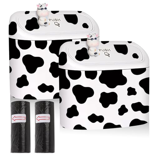 Image of CusDusk 2 PCS Cow Print Car Trash Can With Lid, Cattle Hanging Waterproof Garbage Organizer Holder with Two Black Trash Bag Rolls, Automotive Storage Container Dustbin for Most Vehicles