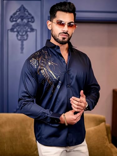 Image of Foomer Navy Blue Sequin Club Wear Shirt for Men - Elegant Shine with Satin Cotton Fabric - Party Shirt Ideal for Trendy Occasions