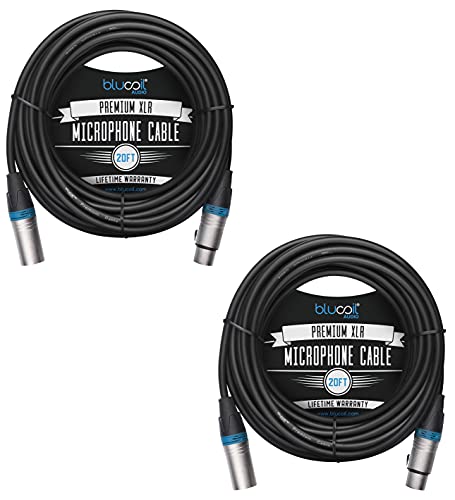 Blucoil Audio 2-Pack of 20-FT Balanced XLR Cable with 24 AWG Copper Wire and PVC Jacket - 3-Pin Male to Female Microphone Cord for Audio Interfaces, Mixers, Preamps and Recorders