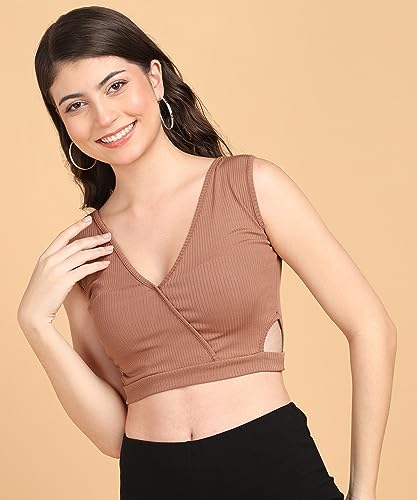 Image of POPWINGS Women Casual Rust Self Design Rib Deep V Neck Sleeveless Cutout Crop Top | Women Tops | Women Regular Tops | Women Tops | Women Stylish Tops