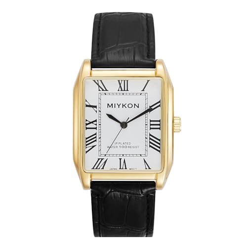 Miykon Vintage Watches for Men - Tank Square Gold Analog Watch with Black Genuine Leather Wrist Strap for Classic Dress - Japanese Quartz Waterproof to 100ft