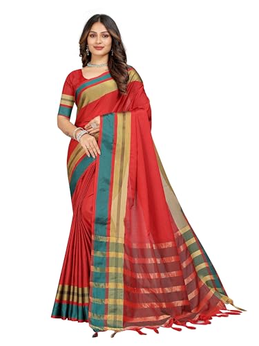 Image of Sidhidata Women's Cotton Blend Saree With Unstitched Blouse Piece (Payal Red Red Free Size)