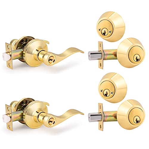 Top Brands 2 Sets - GOBEKOR Polished Brass Keyed-Alike Door Levers and Double Cylinder Deadbolts Combination Sets Locksets,with Same Key,Reversible for Right/Left Handed Doors Product Deal 2 Sets - GOBEKOR Polished Brass Keyed-Alike Door Levers and Double Cylinder Deadbolts Combination Sets Locksets,with Same Key,Reversible for Right/Left Handed Doors