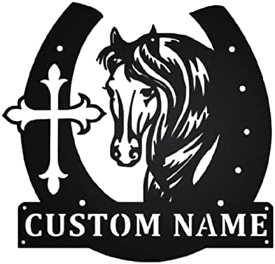 Nanlili PoroX Horse Metal Custom Large Horseshoe Horse Head Cross Metal Wall Art, Room Personalized Horse Name Logo Decor, Horse and Cross Home Decor, Horse Personalized Metal Sign, Black, 10 inches
