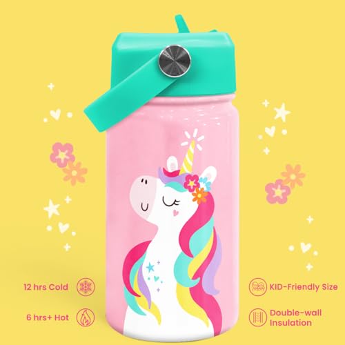 Image of SANDJEST Unicorn Water Bottle - Kids Water Bottle with Straw Lid - 12 Oz Insulated Stainless Steel Water Bottles for Kid Girls - Travel Cup for School Sports