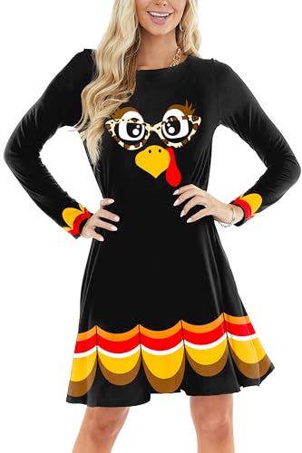 Deerose Women Thanksgiving Dress Cute Turkey Face Graphic Thankful Holiday Long Sleeve Dresses Black S : Clothing, Shoes & Jewelry