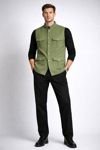 Image of LATEST CHIKAN Men's Nehru Jacket | Ethnic Waistcoat with Mandarin Collar | Premium Textured Fabric | Party, Wedding