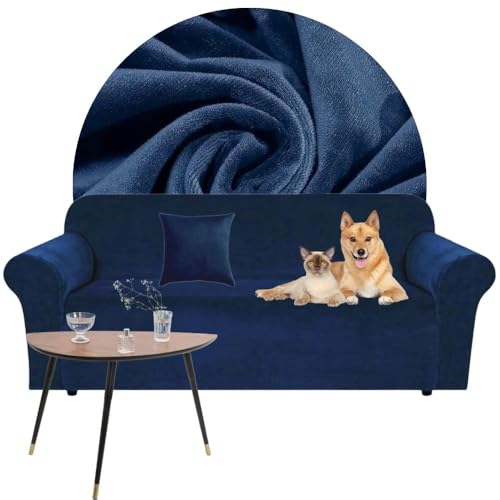 Domidekor - Sofa Überzug Dunkelblau - Couch und Sofabezug 3 Sitzer - Sofaüberwurf für Wohnzimmer - Sesselbezug Stretch - Elastische Samt Couchbezug - Breite 190-230cm - Oeko-Tex 100