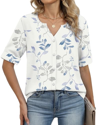 Image of OFEEFAN Button Down Shirts for Women 3 /4 Length Sleeve Tops V Neck Blouses Business Casual Outfits Loose Fit
