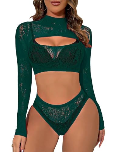 Buitifo Damen Dessous-Sets Sexy Lingerie Fischnetz Sexy Bodys Nachtwäsche(dunkelgrün 0090,Einheitsgröße)