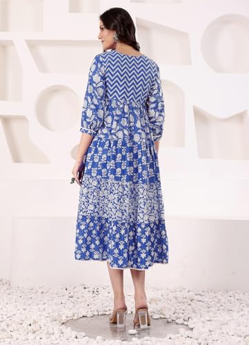 Image of SAVI Blue Cotton Lurex A Line Detailed Dress