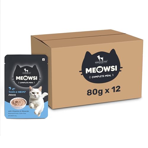 Meowsi by HUFT Tuna & Shrimp Mousse Cat Food - 80 gm | Pack of 12 | Smooth, Nutritious & High-Protein Wet Food for Persian & All Breeds | Supports Healthy Digestion, Skin & Coat for Cats