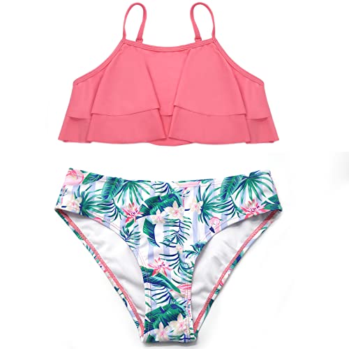 Image of SHEKINI Girls Floral Print Bathing Suits Ruffle Flounce Two Piece Swimsuits