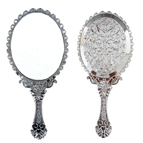 Ohraina Decorative Vintage Style Rose Embossed Oval Silver Tarnish Free Hand Held Vanity Mirror (Silver)
