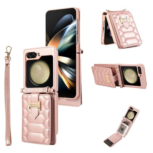Étui en cuir Samsung Z Flip 5 chic couleur or rose avec sangle