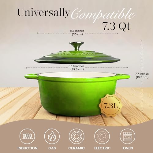 Image of Cast Iron Dutch Oven with Lid-Non-Stick Ovenproof Enamelled Casserole Pot - Sturdy Dutch Oven Cookware - Green, 7.3- Quart, 30cm- by Nuovva