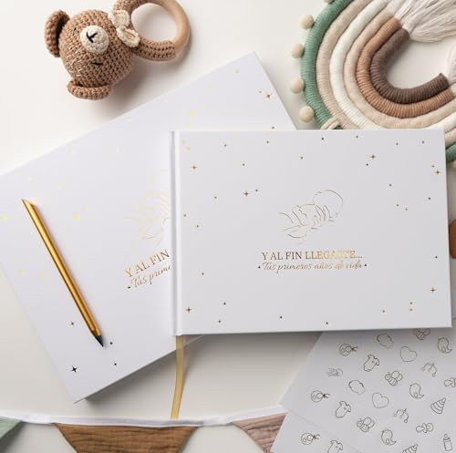 PROENMU® Album Fotos Bebe Primer Año + Lápiz Metálico + Caja Regalo con Cierre Magnético + Pegatinas | Libro Recuerdos Bebe | Album Bebe Recien Nacido hasta los 5 Años (Español)