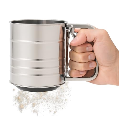 Tamizador de harina, Tamiz Harina, Tamiz Harinero, Colador de harina, Criba de harina, Tamiz de repostería, Diámetro 10 cm, Altura 13 cm, Capacidad 320 gr, acero inoxidable