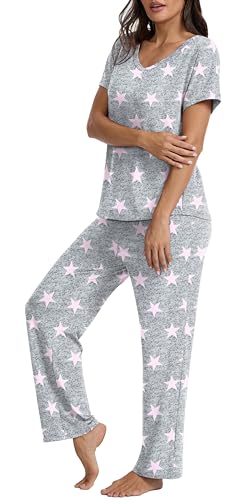 Image of QUEZHU Women's Summer Pajamas Sets Short Sleeve Tops and Long Pants 2 Piece Lounge Soft Pjs Loungewear with Pockets