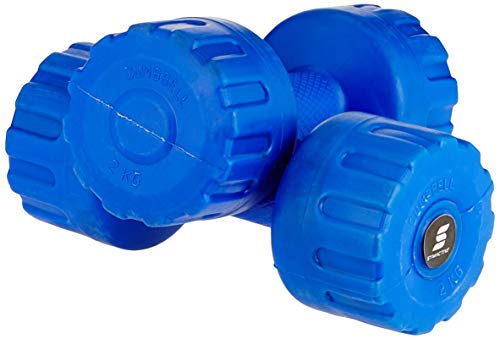 Image of AmazonBasics 13mm Extra Thick Yoga and Exercise Mat with Carrying Strap, Blue and Amazon Brand - Symactive PVC Shell Dumbbells for Home Gym, Set of 2, 2 Kg Combo