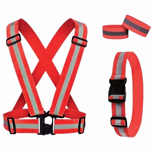 RUISHYY Reflective Running Gear Reflective Vest & Reflective Armband & Reflective Belt 3 Pcs Set, High Visibility Reflective Gear Night Cycling Walking Safety Vest Straps for Men Women Kids (Red)
